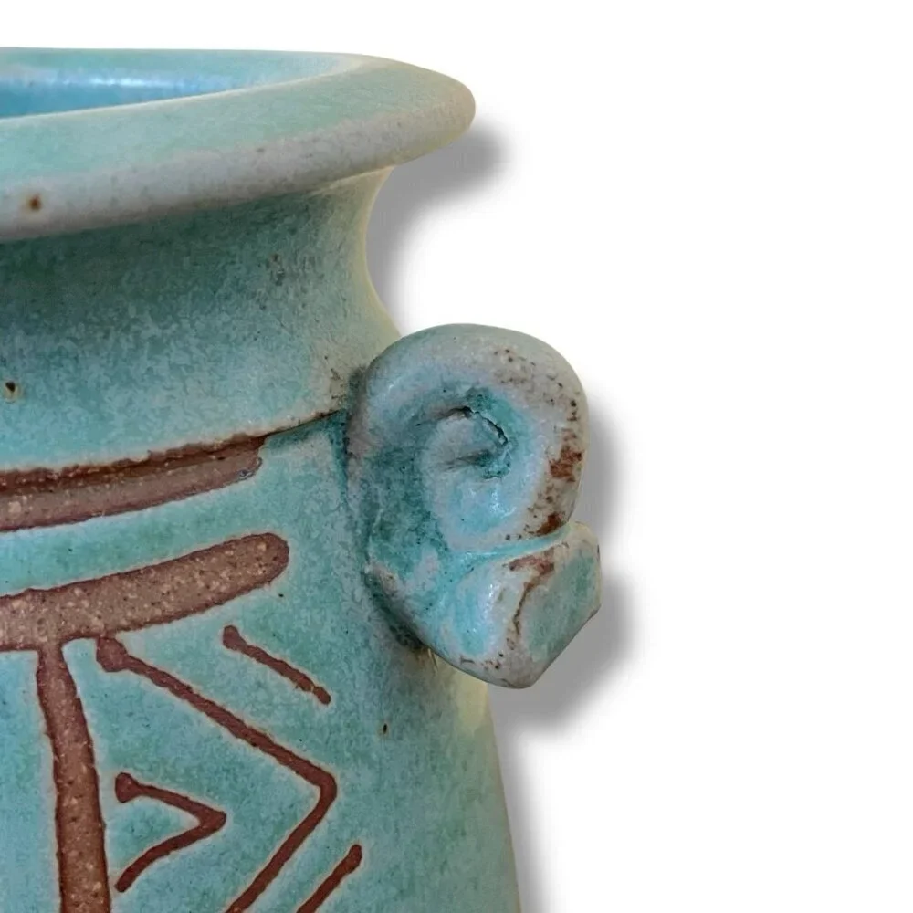VIntage Studio Art Pottery Vase Signed Maureen Mills Blue Green Footed Base